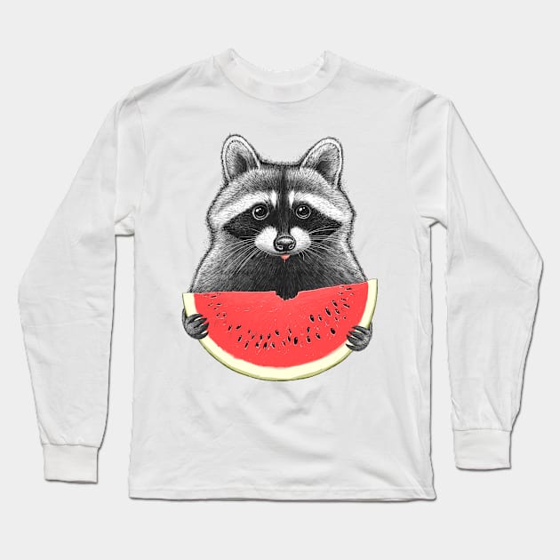 Raccoon eating watermelon Long Sleeve T-Shirt by NikKor